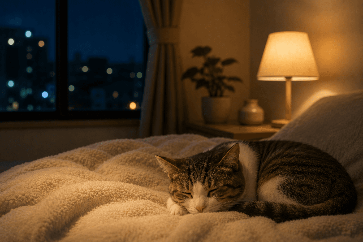 夜間に猫の様子を確認する飼い主