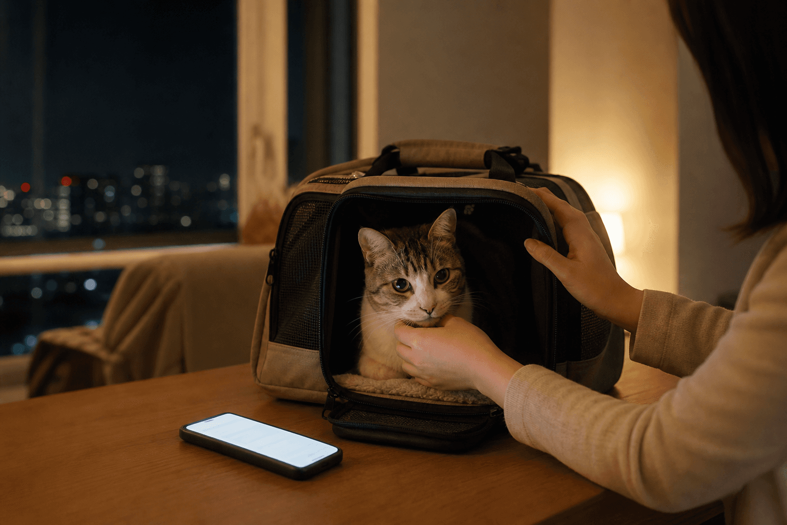 夜間に猫の様子を確認する飼い主